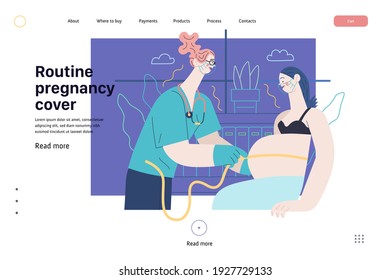 Medical insurance web page template -routine pregnancy cover -modern flat vector concept digital illustration - pregnant woman at obstetrician reception, tape measuring process, medical insurance plan