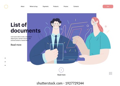 Medical Insurance Web Page Template -list Of Documents -modern Flat Vector Concept Digital Illustration - A Male Hospital Administrator, Reading Papers And A Nurse With Documents In The Medical Office