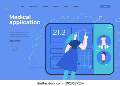 Medical insurance web page template - medical application -modern flat vector concept digital illustration - female user managing the schedule in the hospital application on the tablet