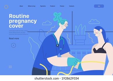 Medical insurance web page template -routine pregnancy cover -modern flat vector concept digital illustration - pregnant woman at obstetrician reception, tape measuring process, medical insurance plan