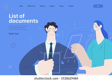 Medical insurance web page template -list of documents -modern flat vector concept digital illustration - a male hospital administrator, reading papers and a nurse with documents in the medical office