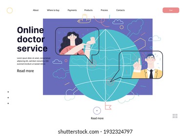 Medical insurance web page template- online doctor service -modern flat vector concept illustration -woman talking online with doctor from halfway around the world, medical service, insurance metaphor