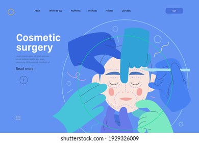 Medical insurance web template -cosmetic, plastic, aesthetic surgery -modern flat vector concept illustration -surgical cosmetic procedure metahor -face, dotted lines, hands wearing surgical gloves