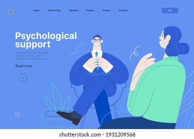 Medical insurance web template -psychological support -modern flat vector concept illustration of therapist wearing glasses, taking session notes in notepad, female patient talking about her problem