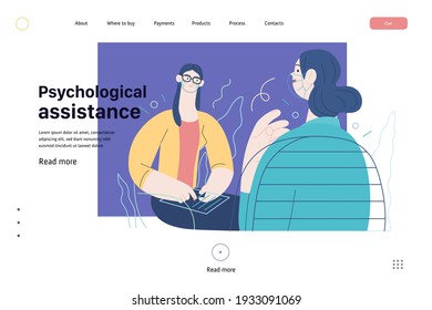 Medical insurance web template -psychological support -modern flat vector concept illustration of therapist wearing glasses, taking session notes in notepad, female patient talking about her problem