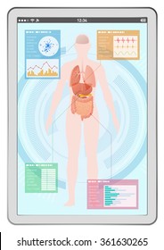 medical interface on tablet PC, human body and digestive organs, vector illustration