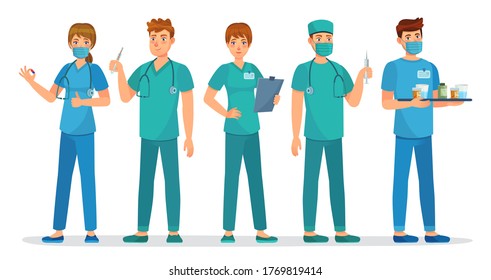 Medical interns team. Young students group, educated nurse with medicines and intern studying medicine science cartoon vector illustration. Medical team uniform, intern and surgeon with stethoscope