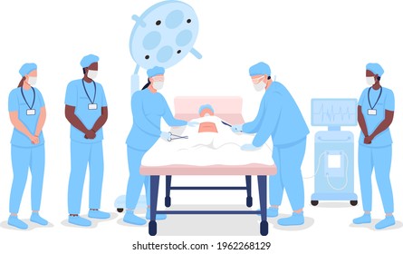 Medical interns watching professional surgeons at procedure flat color vector faceless characters. Medical training isolated cartoon illustration for web graphic design and animation