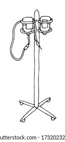 Medical intravenous dropper with vertical tripod and two bottles with medicines on white background. Vector doole illustration.