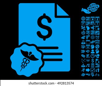 Medical Invoice icon with bonus calendar and time management elements. Vector illustration style is flat iconic symbols, blue color, black background.