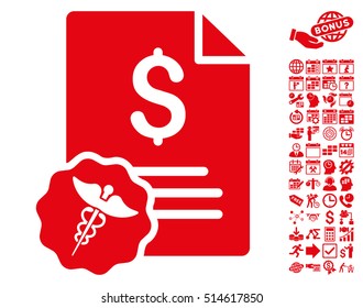 Medical Invoice icon with bonus calendar and time management elements. Vector illustration style is flat iconic symbols, red color, white background.