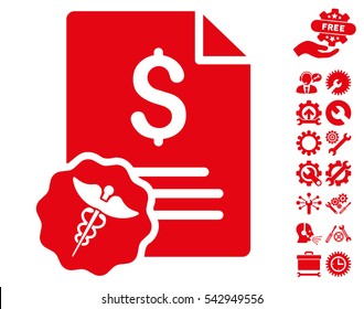 Medical Invoice icon with bonus tools pictures. Vector illustration style is flat iconic symbols, red color, white background.