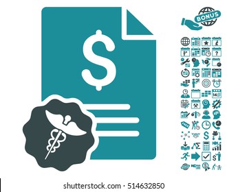 Medical Invoice pictograph with bonus calendar and time management pictogram. Vector illustration style is flat iconic bicolor symbols, soft blue colors, white background.