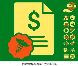 Medical Invoice pictograph with bonus tools icon set. Vector illustration style is flat iconic bicolor symbols, orange and yellow colors, green background.