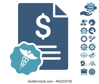 Medical Invoice pictograph with bonus tools pictogram. Vector illustration style is flat iconic bicolor symbols, cyan and blue colors, white background.