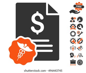 Medical Invoice pictograph with bonus tools design elements. Vector illustration style is flat iconic bicolor symbols, orange and gray colors, white background.