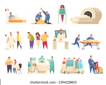 Medical isolated icon set with er nursing home hospitalization reanimation mri descriptions vector illustration