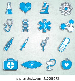 Medical isolated icons set for web design with thermometer microscope tubes phonendoscope syringe flat vector illustration