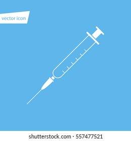 Medical isolated syringe vector image, empty white syringe on blue background, flat icon