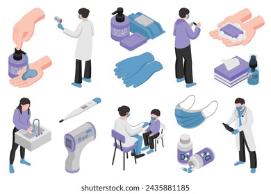 Medical isometric elements constructor mega set. Creator kit with flat graphic washing hands, soap, thermometers, gloves, sanitizers, masks, treatment pills. Vector illustration in 3d isometry design