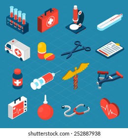 Medical Isometric Icons Set With First Aid Kit Ambulance Syringe Isolated Vector Illustration