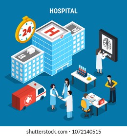 Medical isometric set with hospital building ambulance car and doctors at work isolated on blue background 3d vector illustration