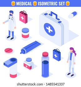 Medical isometric set. Male and female doctors. Landing page template, web banner, infographics. Isometric vector illustration.