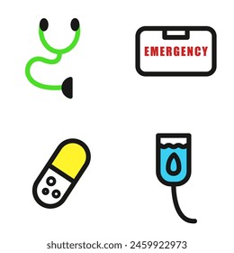 medical item illustration include emergency aid, capsule, water bag and statoscope