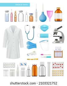 Medical items. Accessory for doctors clothes ampoules syringes dressing gown microscope vitamins bottles of medicines decent vector realistic set