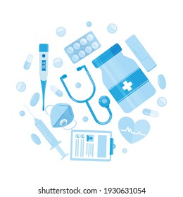 Medical items arranged in a circle such as a mask, a syringe, a medical history, a temperature measurement and more.