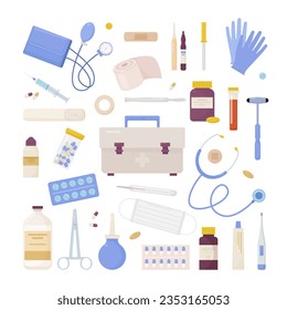 medical items collection. flasks, tablets, syringe, pressure dispenser, cartoon medical instruments first aid kit, gloves. vector set of isolated items.