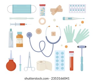 medical items collection. pressure dispenser, flasks, tablets, syringe, cartoon medical instruments first aid kit, gloves. vector cartoon items collection.