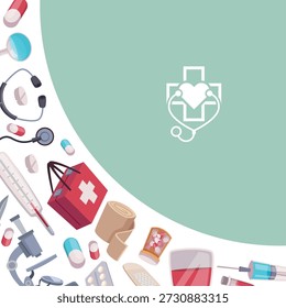 Medical items. corner design with medical tools. vector set