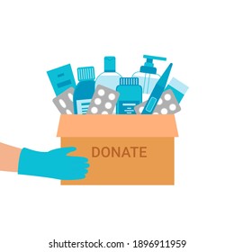 Medical items donation to people. Cardboard box of drugs and tablets for needy. Humanitarian aid. Charity volunteer holding donation box with medicament. Volunteering and charity. Vector illustration