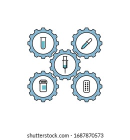 Medical items, gears working together background.