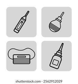 Medical items line icon set. Electronic thermometer, enema bottle, nasal spray bottle, face mask. Medicine and healthcare concept. Vector illustrations for web design and apps