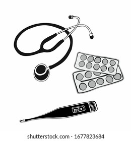 Medical items on an isolated background. Vector image.