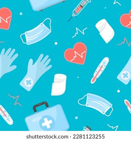 Medical items, Seamless pattern. Concept of medicine and health. Vector illustration.