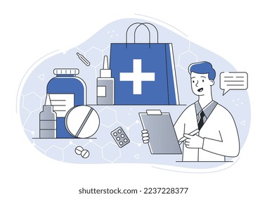 Medical items set. Doctor selects equipment to diagnose patient and select optimal method of treatment. Health care and regular visits to specialist concept. Cartoon flat vector illustration