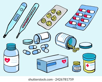 Medical Items Set. Thermometer, Medication Jars, Pills, Capsule, Drug box packaging