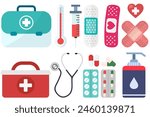 Medical items and tools of a pharmacy flat icon set isolated on white background.