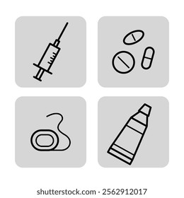 Medical items for treatment line icon set. Syringe, pills, dental floss, tube with cream. Medicine and healthcare concept. Vector illustrations for web design and apps