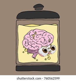 A medical jar with brain and eyeballs in a liquid. Fluid with bubbles. Vector illustration.