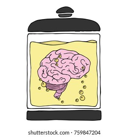 A medical jar with a brain in a liquid. Fluid with bubbles. Vector illustration.