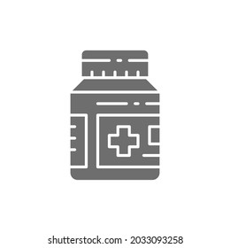 Medical jar with pills and drugs grey icon.