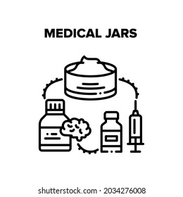 Medical Jars Vector Icon Concept. Medical Jars For Natural Cream And Vitamin Pills For Brain, Syringe And Vaccine For Healthcare Vaccination. Health Treatment Procedure And Drug Black Illustration