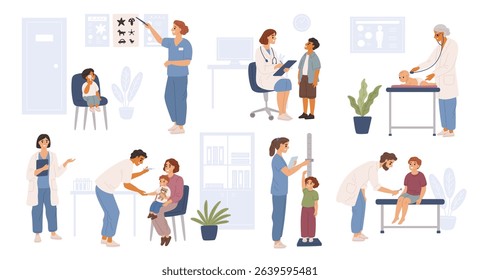 Medical kids examination. Children and babies admission to pediatric, ophthalmologist, otolaryngologist, psychotherapist, child healthcare. Garish vector cartoon flat isolated set