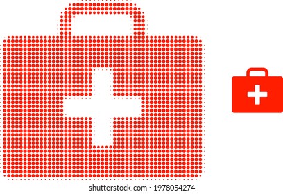 Medical kit case halftone dot icon illustration. Halftone pattern contains circle pixels. Vector illustration of medical kit case icon on a white background.