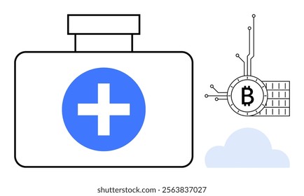 A medical kit with a cross symbol next to a Bitcoin logo atop a circuit board. A cloud icon is below. Ideal for discussing healthcare, cryptocurrency, tech innovation, digital transactions, financial