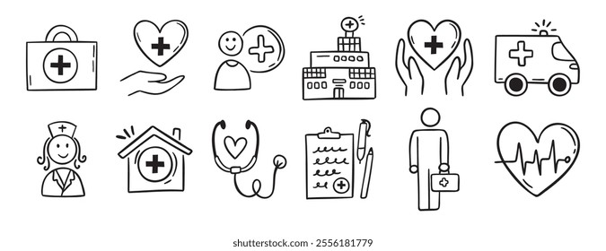 Medical kit, hospital, clinic doodle hand drawn icon set. Outline drawing stethoscope, report, healthcare, doctor, patient, line clipart symbol. Vector illustration